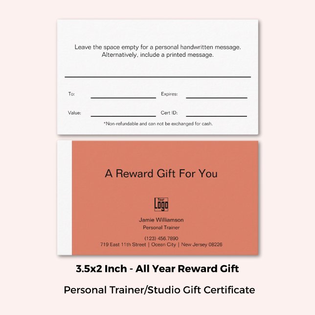 Certificat cadeau de récompense de l'entraîneur de (3.5x2 Inch, Personal Fitness Trainer Reward Gift Certificate, Orange, White, Black)