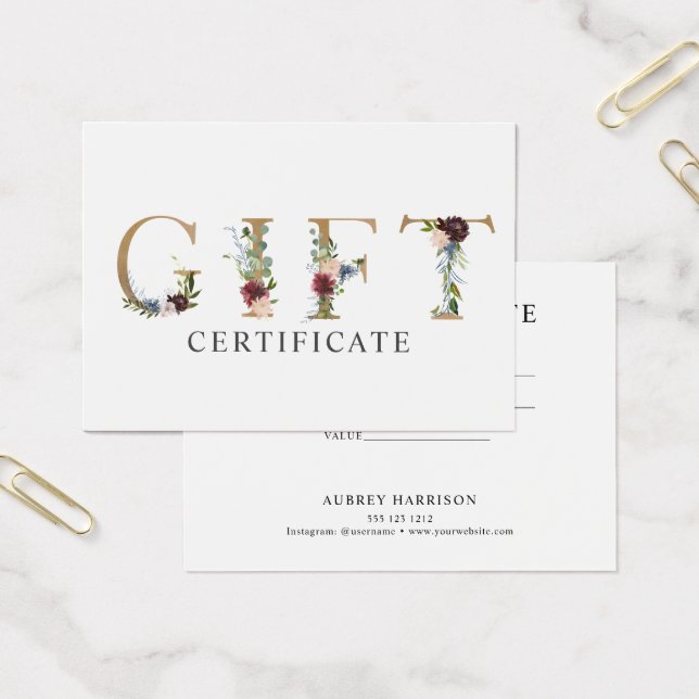 Certificat cadeau de typographie florale (Bureau)