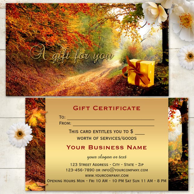 Certificat cadeau d'or Forêt d'automne (A beautiful fall gift certificate featuring an image of a package in the forest - with gold)