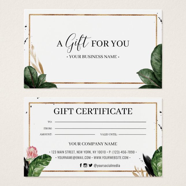 Certificat cadeau été Tropical Feuilles Customisés (Devant & derrière)