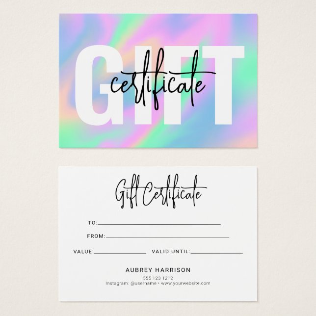 Certificat cadeau Holographique Chic Script (Devant & derrière)
