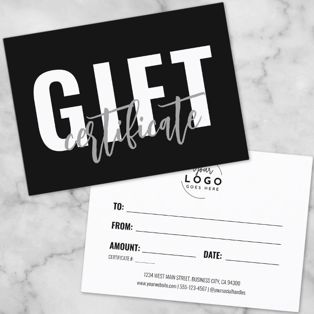 Certificat Cadeau Noir Blanc Script (Logo Script Business Gift Certificate Voucher)