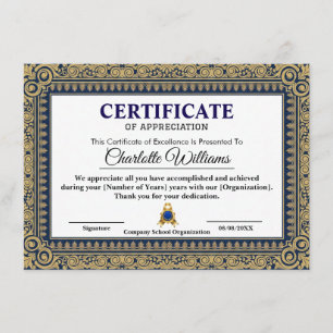 Certificat d'appréciation élégant bleu or