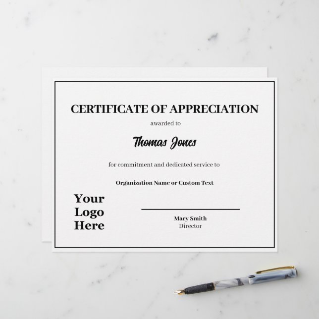 Certificat d'appréciation Logo Modèle Award (Devant/Arrière en situation)