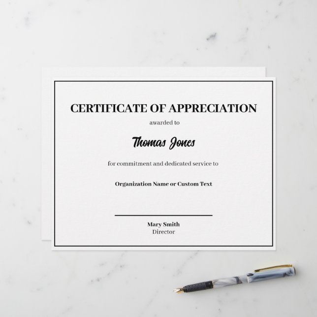 Certificat d'appréciation Modèle de texte (Devant/Arrière en situation)
