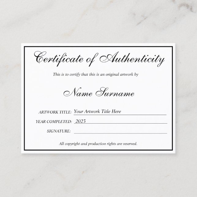 Certificat d'authenticité oeuvre par Ajouter un lo (Devant)