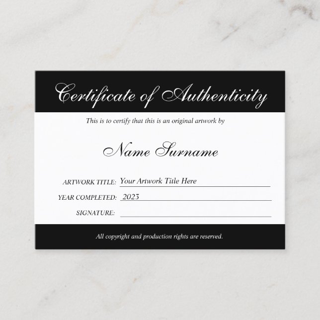 Certificat d'authenticité oeuvre par Ajouter un lo (Devant)