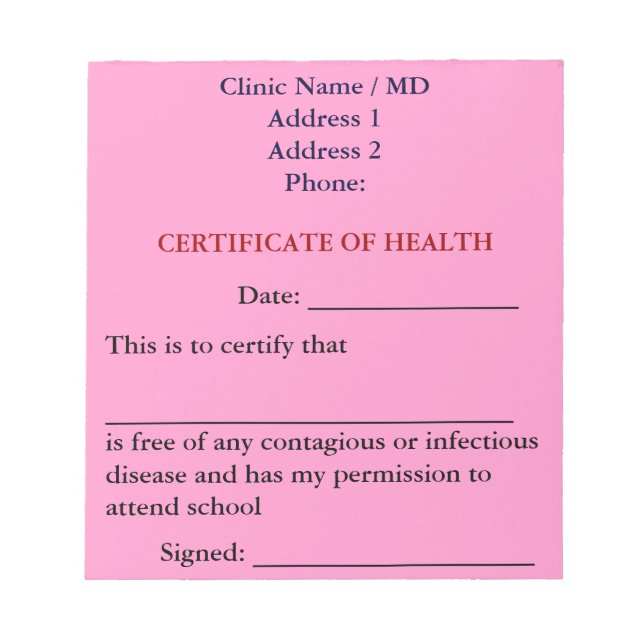 Certificat de Bloc-notes pour la santé (rose) (Devant)