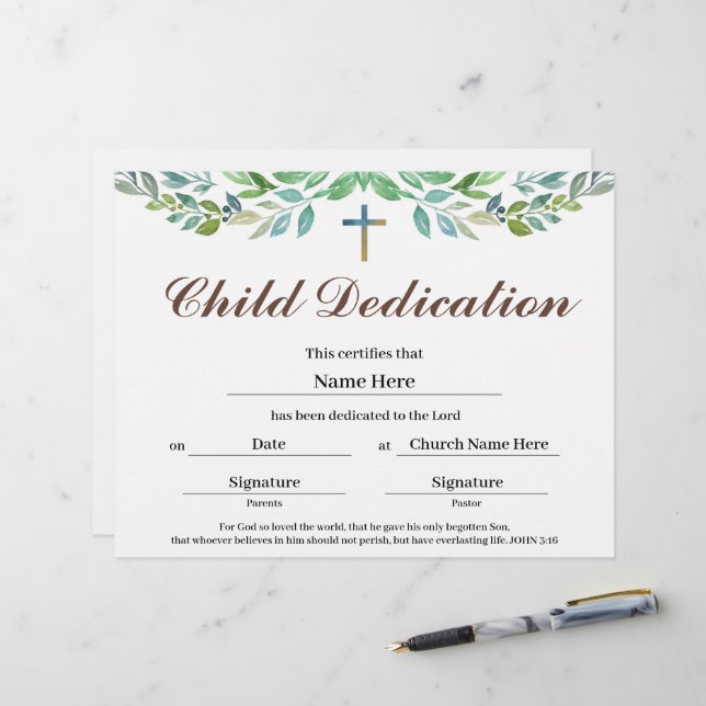 Certificat de dédicace pour enfant de feuille de v (Devant/Arrière en situation)