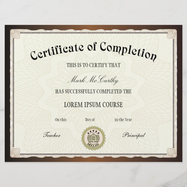 Certificat de Modèle d'achèvement (Devant)