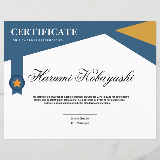 Certificat de Modèle d'appréciation (Devant)
