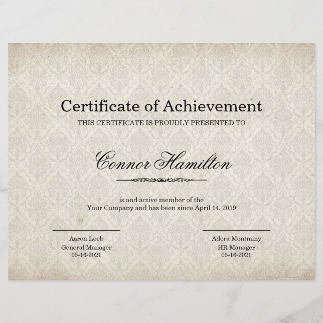 Certificat de Modèle d'appréciation (Devant)