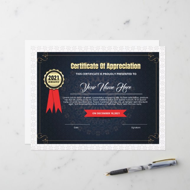 Certificat De Modèle D'Appréciation (Devant/Arrière en situation)