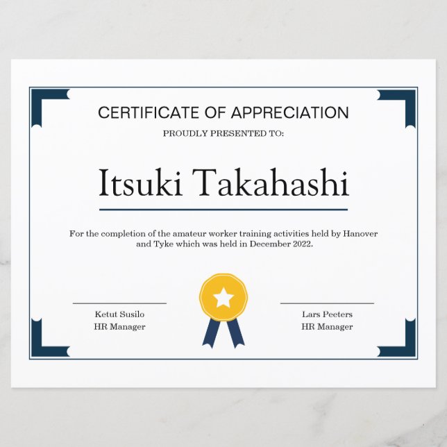 Certificat de Modèle d'appréciation (Devant)