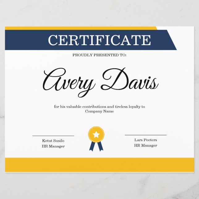 Certificat de Modèle d'appréciation (Devant)