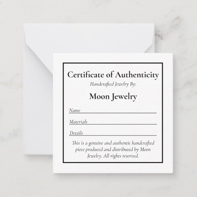Certificat de Modèle de bijoux d'authenticité (Devant)
