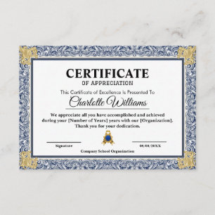 Certificat de reconnaissance Or Bleu Apprécier Réa