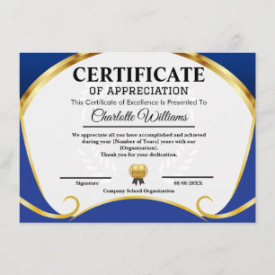 Certificat de Remerciement Bleu Or Élégant