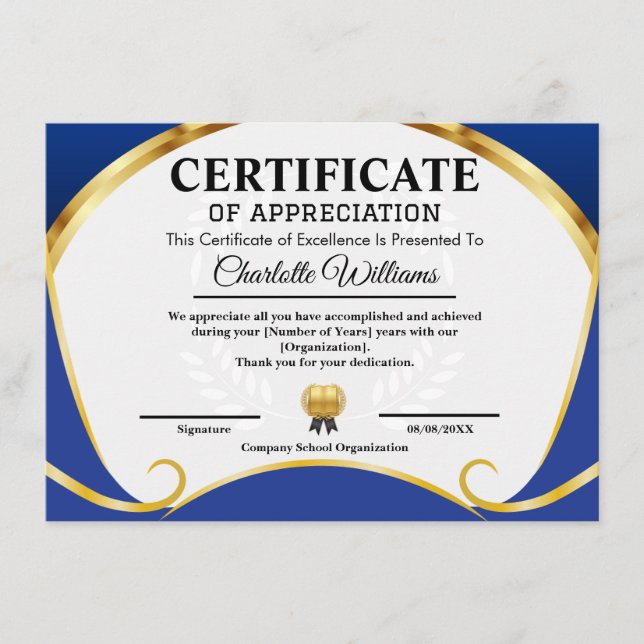 Certificat de Remerciement Bleu Or Élégant (Devant)