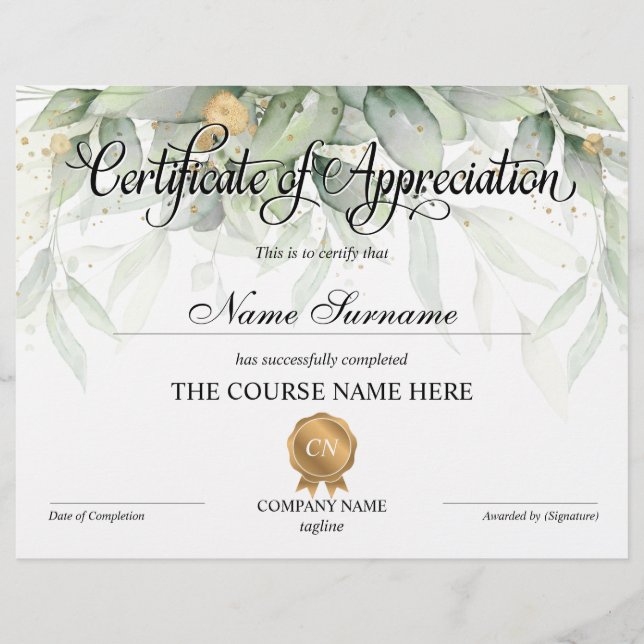 Certificate Appreciation Award Course Completion (Front)