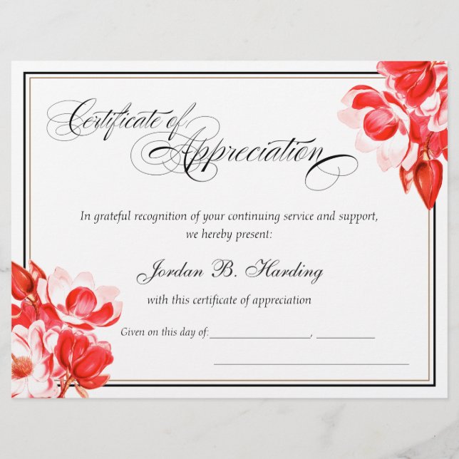 Certificate of Appreciation Award red Floral  (Front)