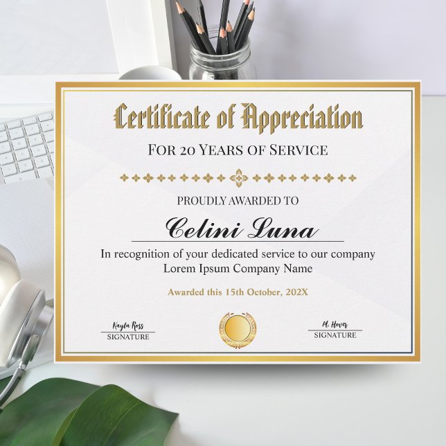 Certificate of Appreciation - Gold Frame Work (Certificate of Appreciation - Gold Frame Work & Service Award)