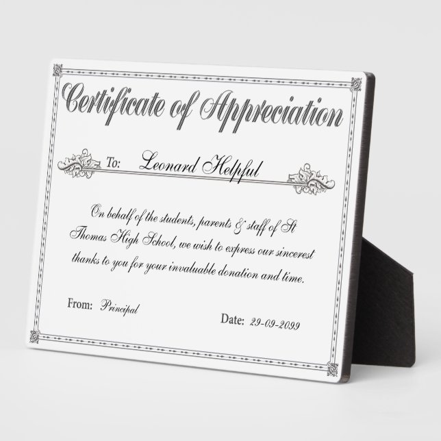 Certificate of Appreciation Personalized Award Plaque (Side)