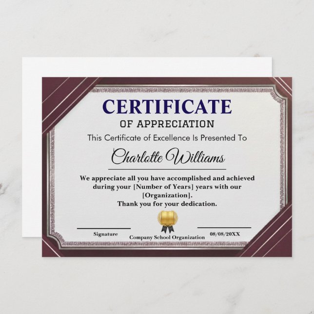 Certificate of Appreciation Professional Elegant (Front/Back)