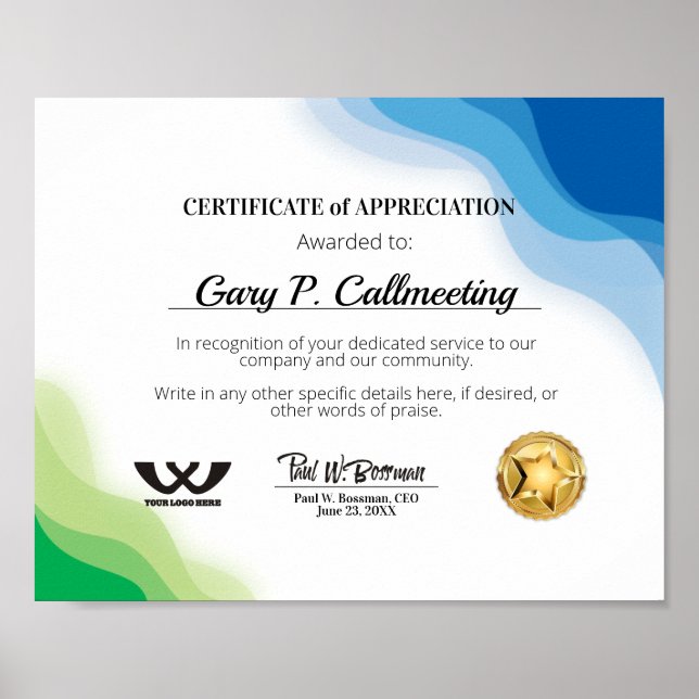 Certificate of appreciation volunteer employee pos poster (Front)