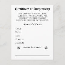 Certificate of Authenticity Artists Art Retailers