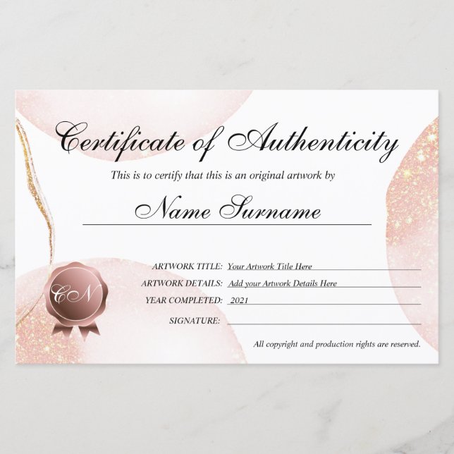 Certificate of Authenticity Artwork by (Front)