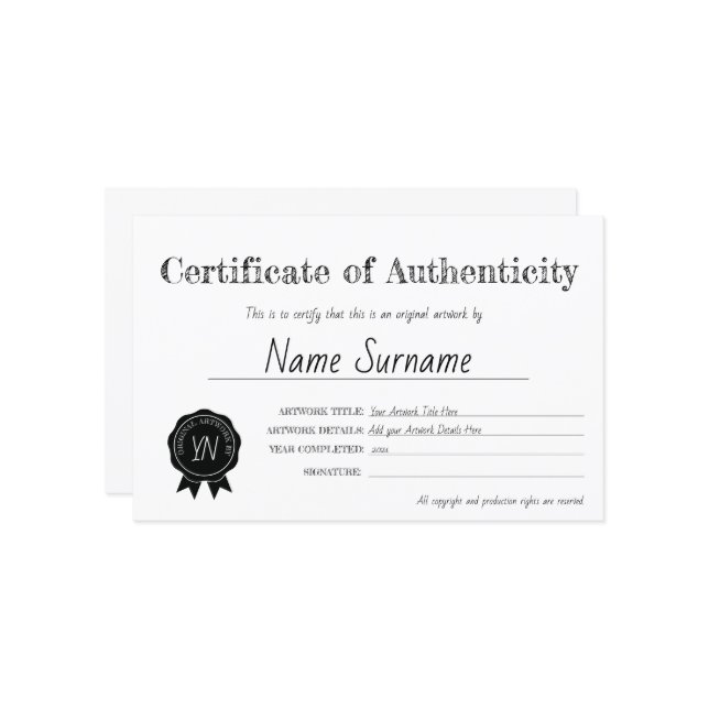 Certificate of Authenticity Artwork by (Front/Back In Situ)