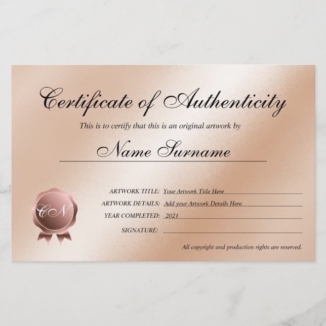 Certificate of Authenticity Artwork by (Front)
