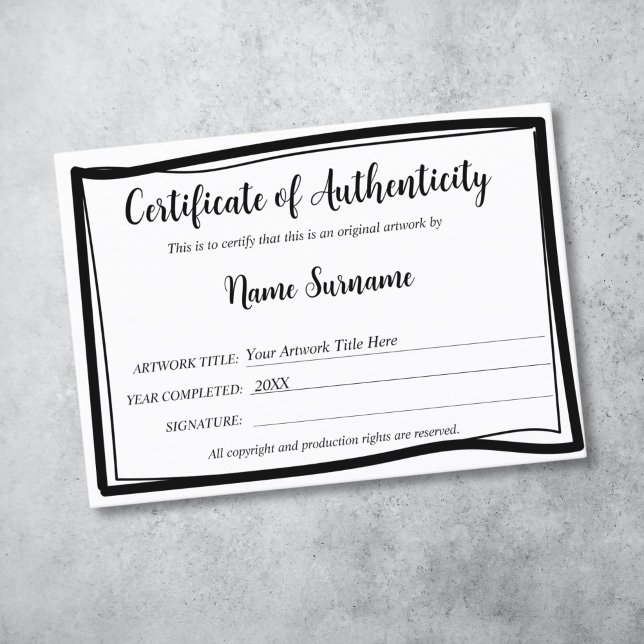 Certificate of Authenticity Artwork by Add Logo (simple modern black and white authenticity certificate)