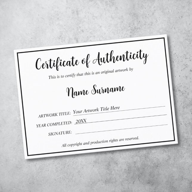 Certificate of Authenticity Artwork by Add Logo (simple black and white authenticity certificate)