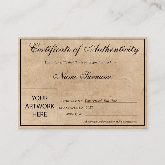 Certificate of Authenticity Artwork by Add Logo (Front)