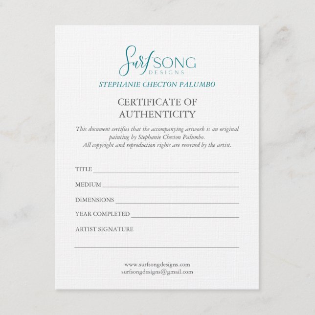 Certificate of Authenticity For Artwork Invitation (Front)
