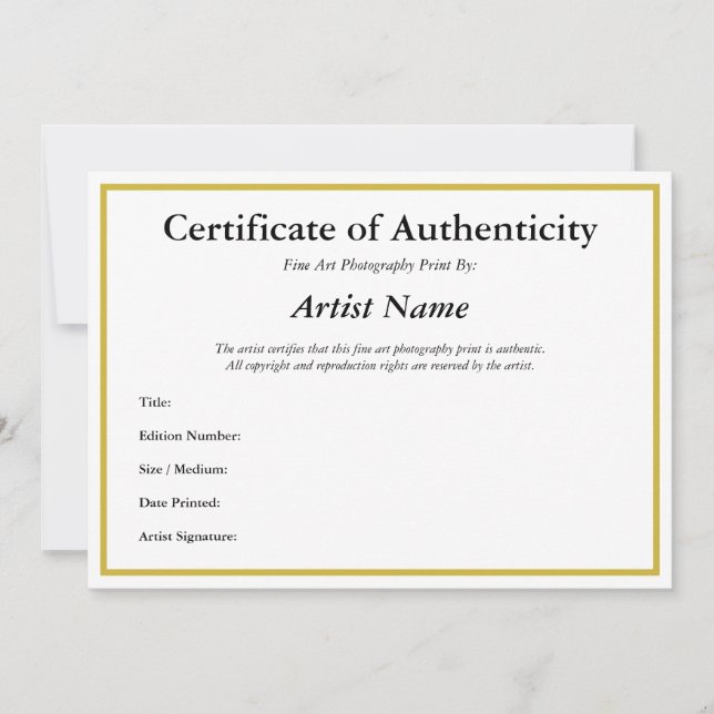 Certificate of Authenticity for Photography Invitation (Front)