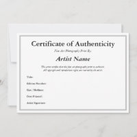 Certificate of Authenticity for Photography Silver
