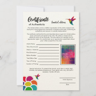 Certificate of Authenticity Limited Edition Print Card