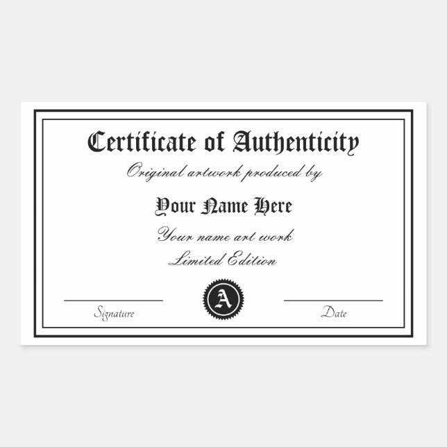 Certificate of authenticity template genuine art sticker (Front)
