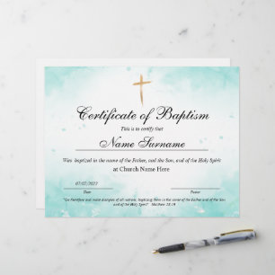 Certificate of Baptism, Baby Dedication