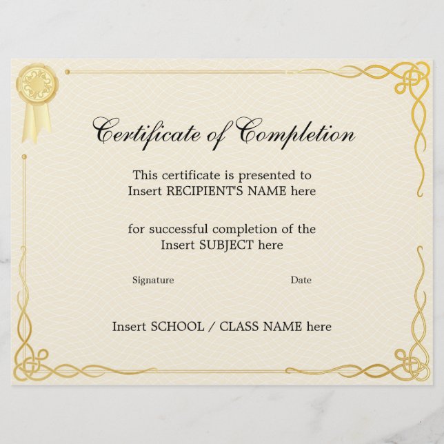 CERTIFICATE OF COMPLETION (Front)