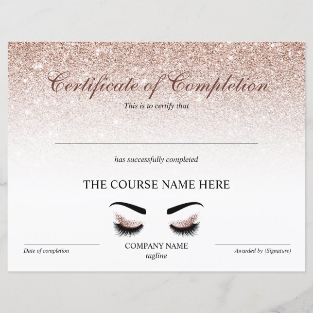 Certificate of Completion Award Brows Lash Course (Front)