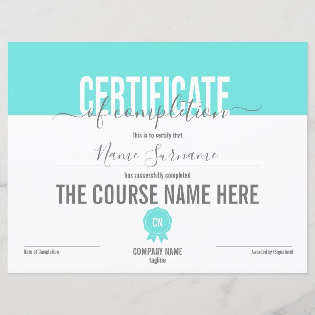 Certificate of Completion Award Course Completion (Front)