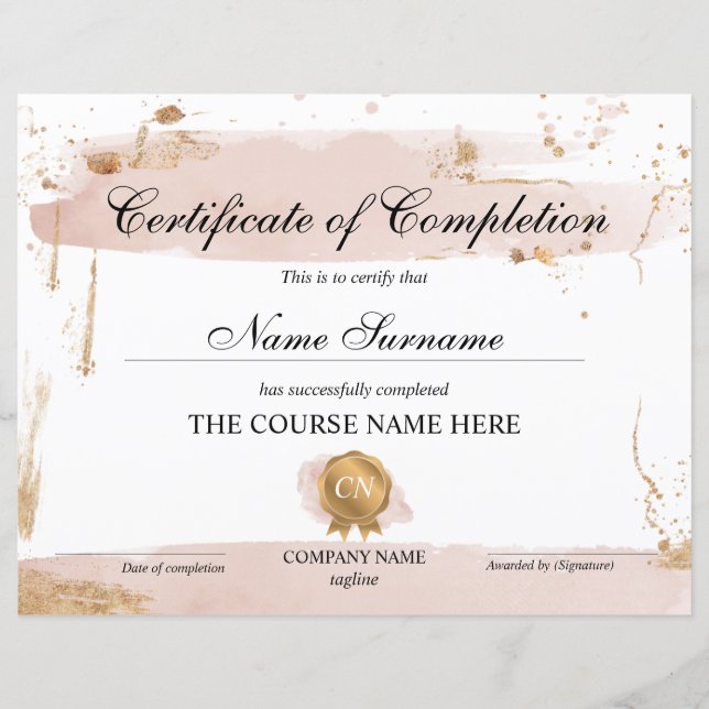 Certificate of Completion Award Course Completion (Front)