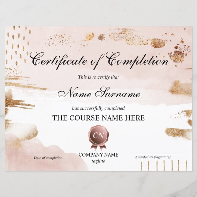 Certificate of Completion Award Course Completion (Front)