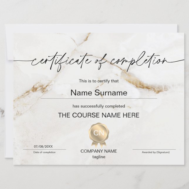 Certificate of Completion Award Course Completion (Front)