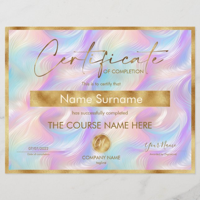 Certificate of Completion Award Course Completion  (Front)