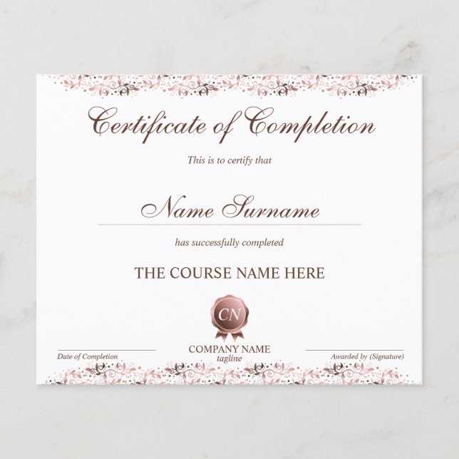 Certificate of Completion Award Course Completion (Front)